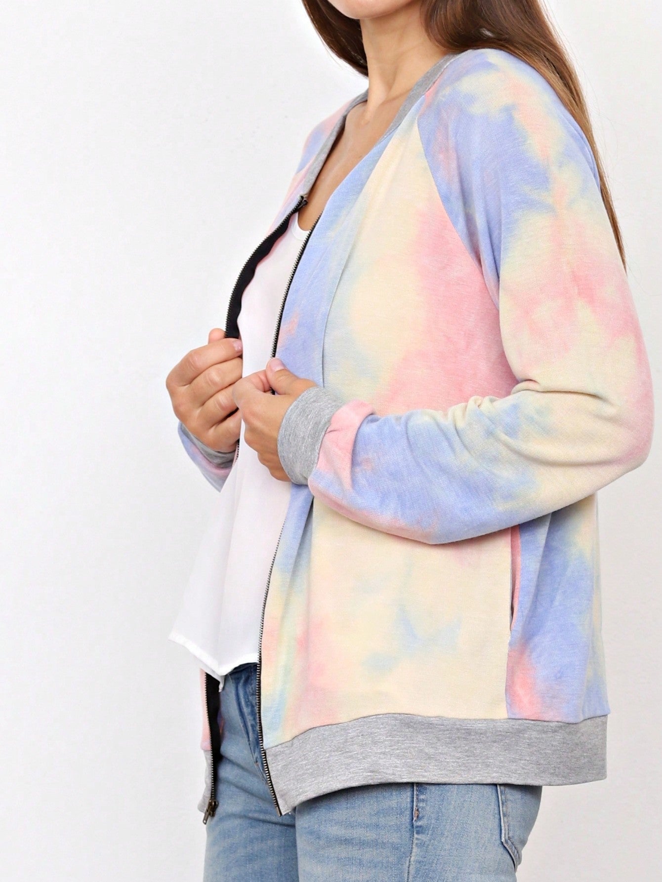 Boho Vintage 90s Vibe Tie Dye Retro Solid Floral Black Long Sleeve Bomber Cardigan Zip Up Yellow Pink Patchwork Multi Print Jacket