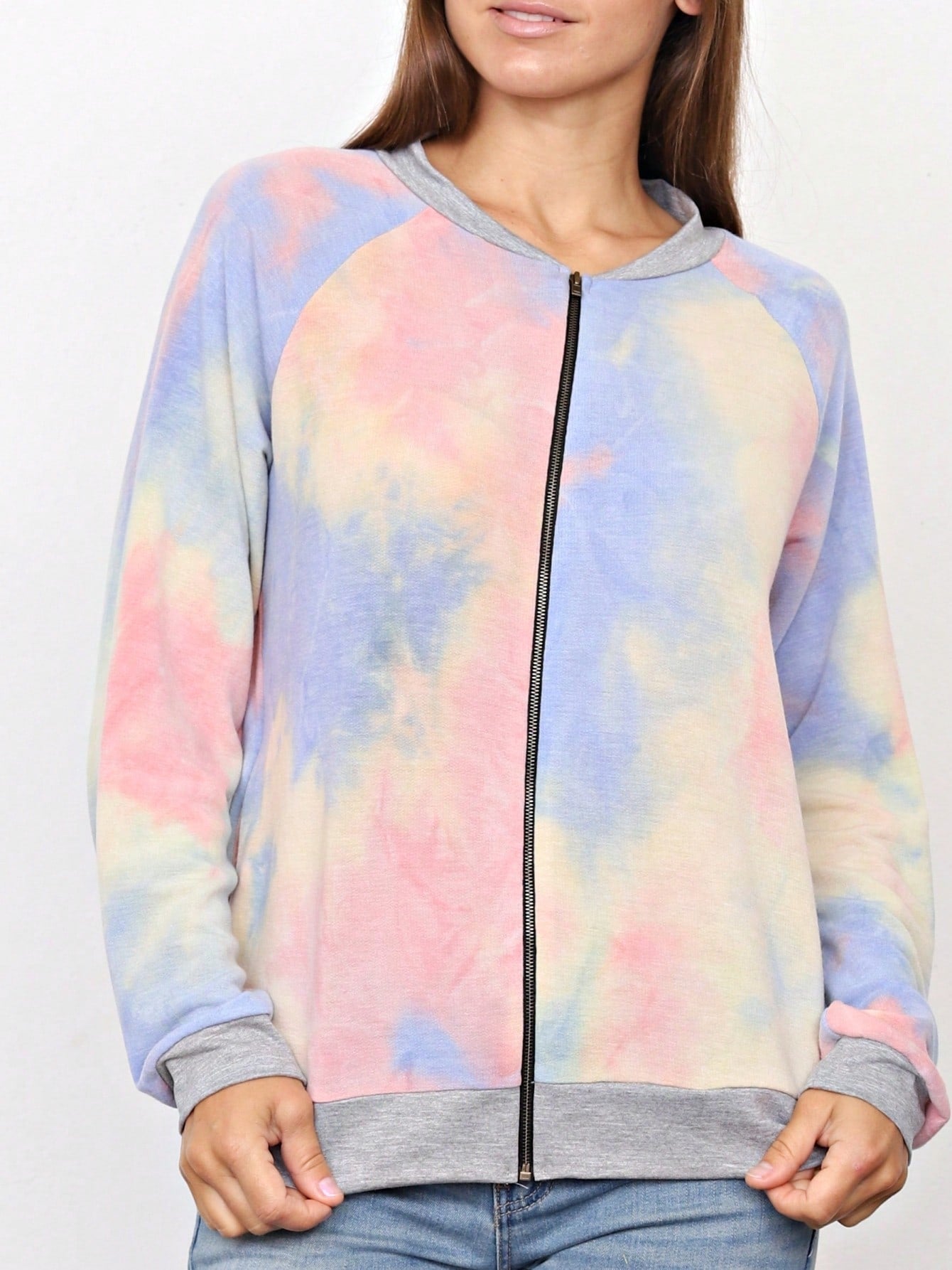 Boho Vintage 90s Vibe Tie Dye Retro Solid Floral Black Long Sleeve Bomber Cardigan Zip Up Yellow Pink Patchwork Multi Print Jacket