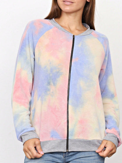 Boho Vintage 90s Vibe Tie Dye Retro Solid Floral Black Long Sleeve Bomber Cardigan Zip Up Yellow Pink Patchwork Multi Print Jacket