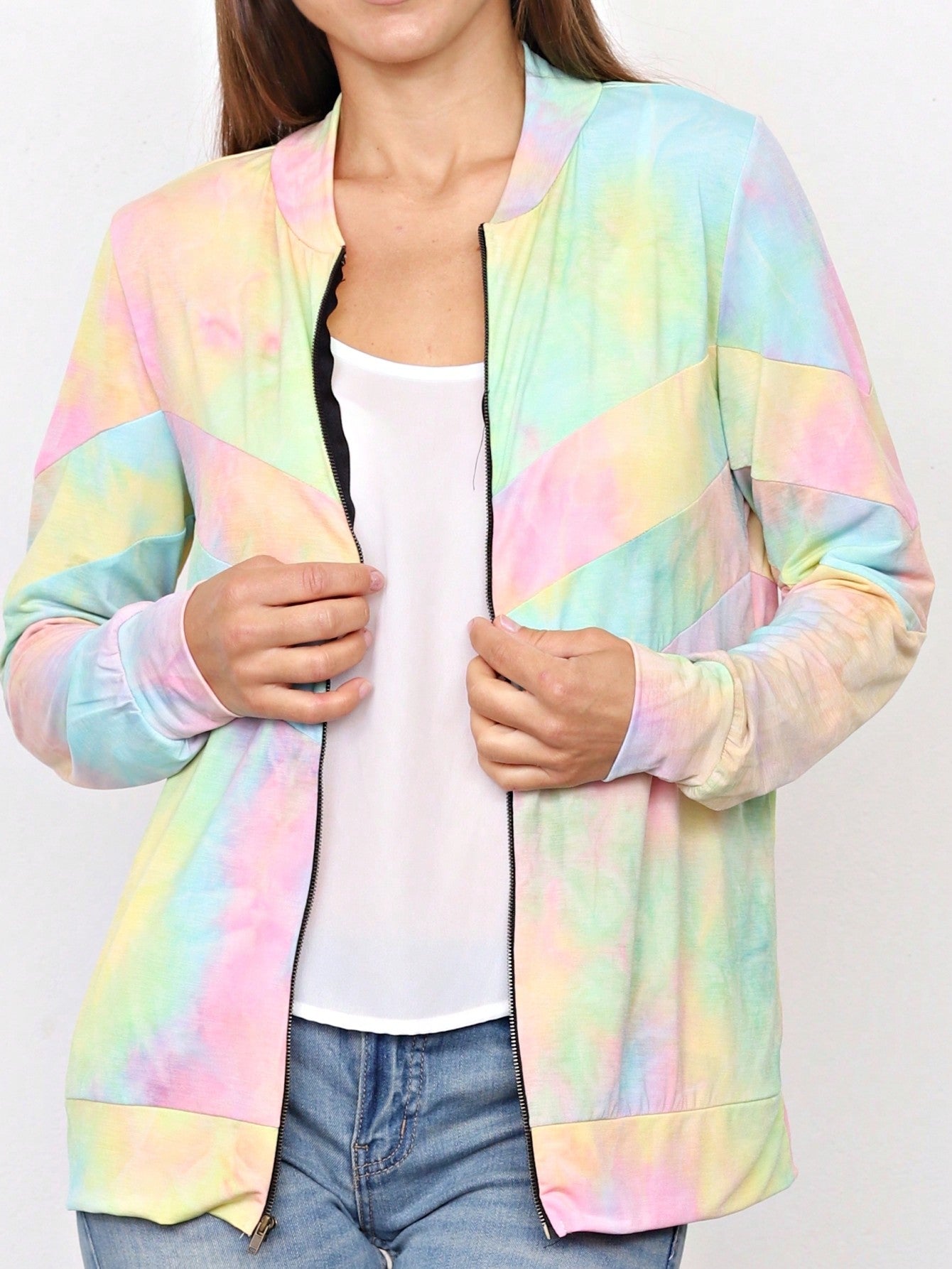 Boho Vintage 90s Vibe Tie Dye Retro Solid Floral Black Long Sleeve Bomber Cardigan Zip Up Yellow Pink Patchwork Multi Print Jacket