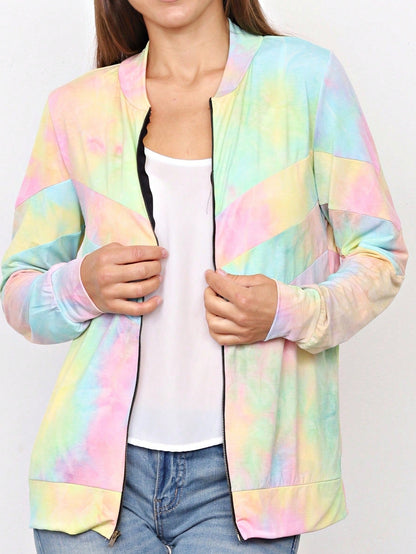 Boho Vintage 90s Vibe Tie Dye Retro Solid Floral Black Long Sleeve Bomber Cardigan Zip Up Yellow Pink Patchwork Multi Print Jacket