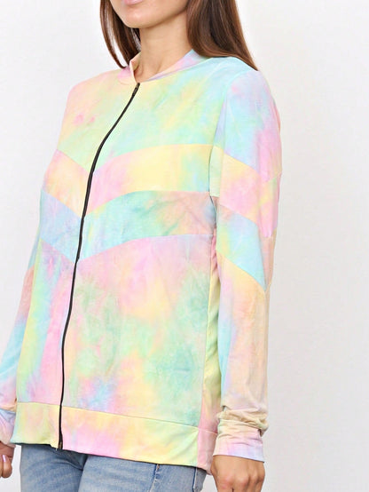 Boho Vintage 90s Vibe Tie Dye Retro Solid Floral Black Long Sleeve Bomber Cardigan Zip Up Yellow Pink Patchwork Multi Print Jacket