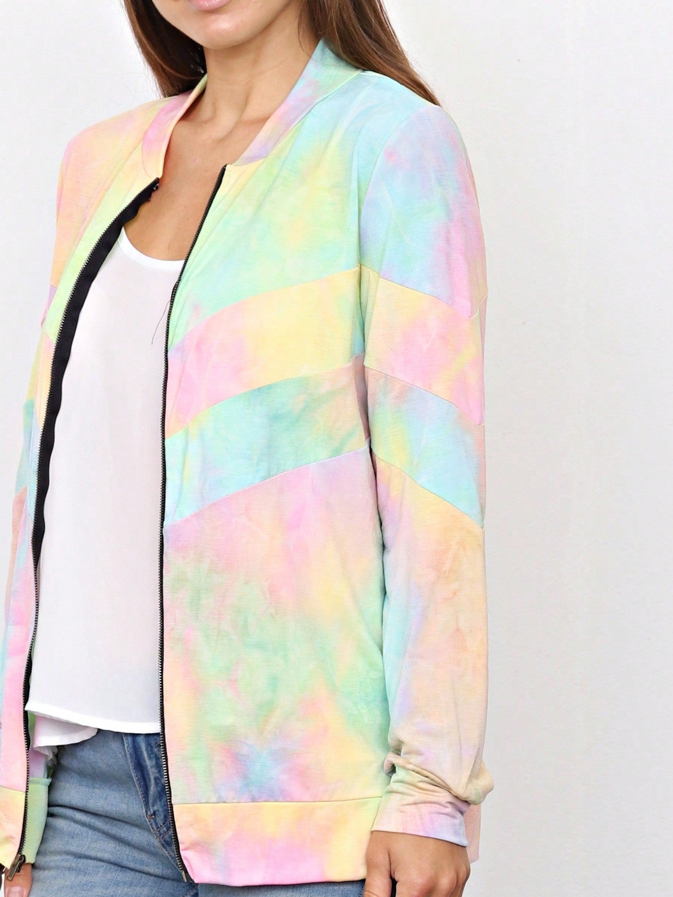 Boho Vintage 90s Vibe Tie Dye Retro Solid Floral Black Long Sleeve Bomber Cardigan Zip Up Yellow Pink Patchwork Multi Print Jacket