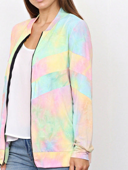 Boho Vintage 90s Vibe Tie Dye Retro Solid Floral Black Long Sleeve Bomber Cardigan Zip Up Yellow Pink Patchwork Multi Print Jacket