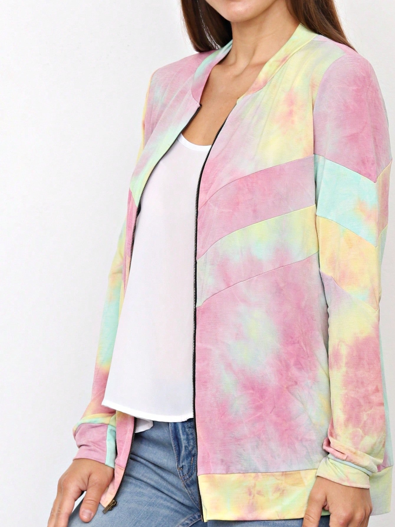 Boho Vintage 90s Vibe Tie Dye Retro Solid Floral Black Long Sleeve Bomber Cardigan Zip Up Yellow Pink Patchwork Multi Print Jacket