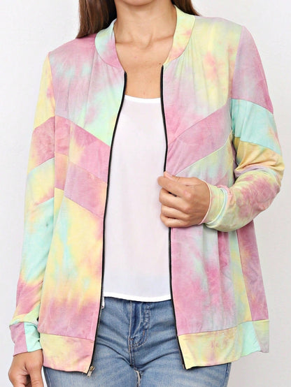 Boho Vintage 90s Vibe Tie Dye Retro Solid Floral Black Long Sleeve Bomber Cardigan Zip Up Yellow Pink Patchwork Multi Print Jacket