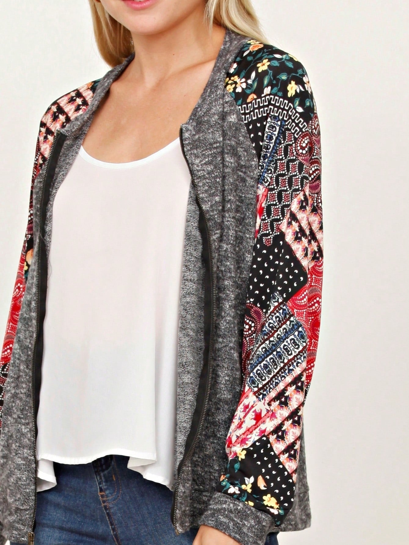 Boho Vintage 90s Vibe Tie Dye Retro Solid Floral Black Long Sleeve Bomber Cardigan Zip Up Yellow Pink Patchwork Multi Print Jacket