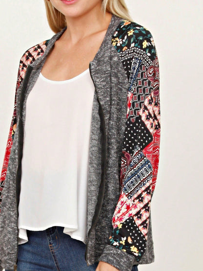 Boho Vintage 90s Vibe Tie Dye Retro Solid Floral Black Long Sleeve Bomber Cardigan Zip Up Yellow Pink Patchwork Multi Print Jacket