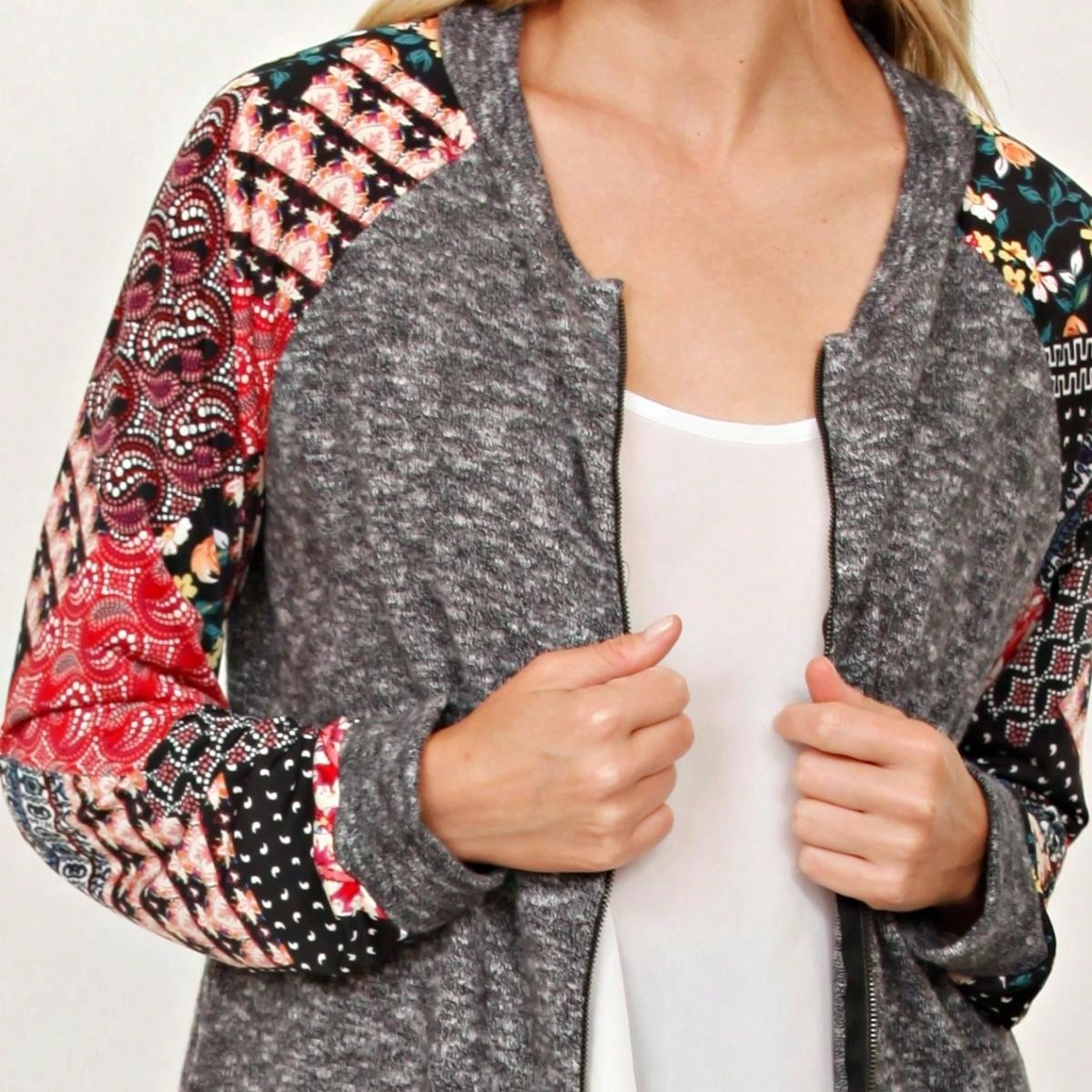 Boho Vintage 90s Vibe Tie Dye Retro Solid Floral Black Long Sleeve Bomber Cardigan Zip Up Yellow Pink Patchwork Multi Print Jacket