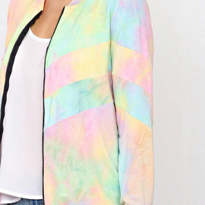 Boho Vintage 90s Vibe Tie Dye Retro Solid Floral Black Long Sleeve Bomber Cardigan Zip Up Yellow Pink Patchwork Multi Print Jacket