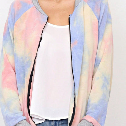 Boho Vintage 90s Vibe Tie Dye Retro Solid Floral Black Long Sleeve Bomber Cardigan Zip Up Yellow Pink Patchwork Multi Print Jacket