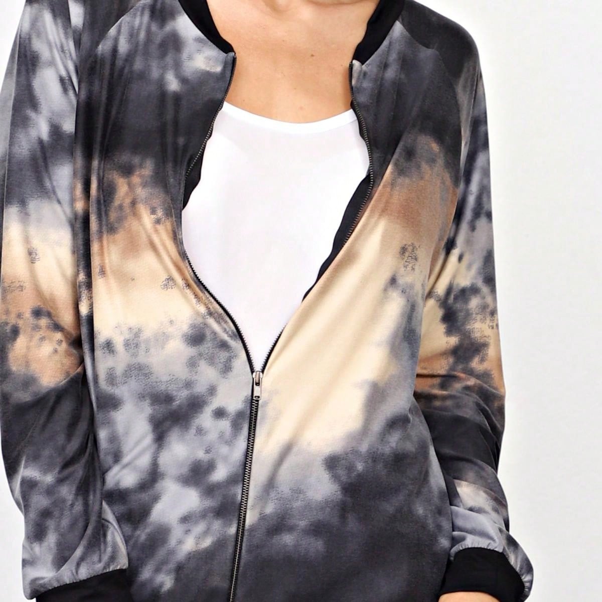 Boho Vintage 90s Vibe Tie Dye Retro Solid Floral Black Long Sleeve Bomber Cardigan Zip Up Yellow Pink Patchwork Multi Print Jacket