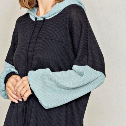 Solid Pastel 3/4 Sleeve Drop Shoulder Waffle Knit Tunic Top Band Hem Shirt