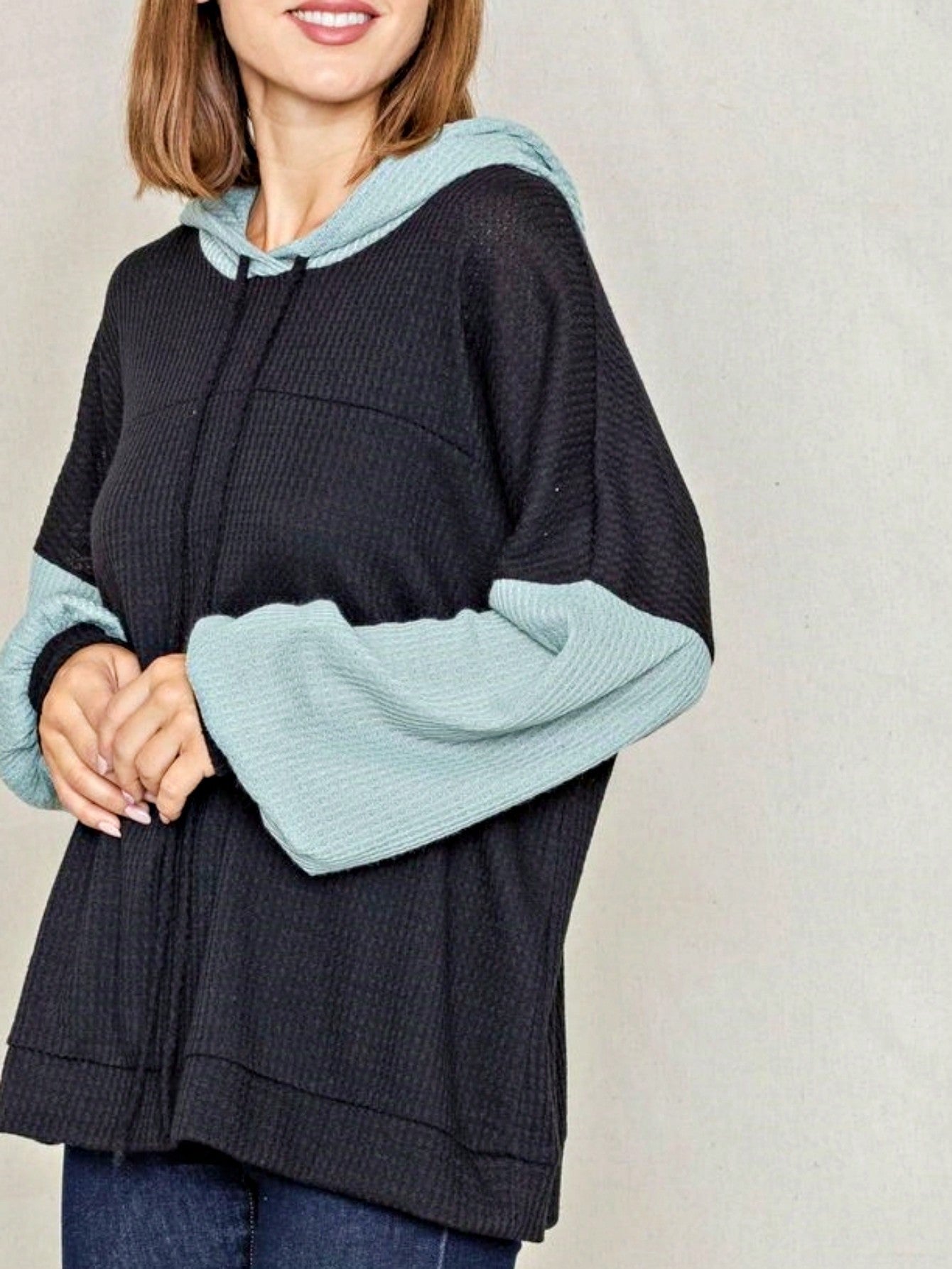 Solid Pastel 3/4 Sleeve Drop Shoulder Waffle Knit Tunic Top Band Hem Shirt