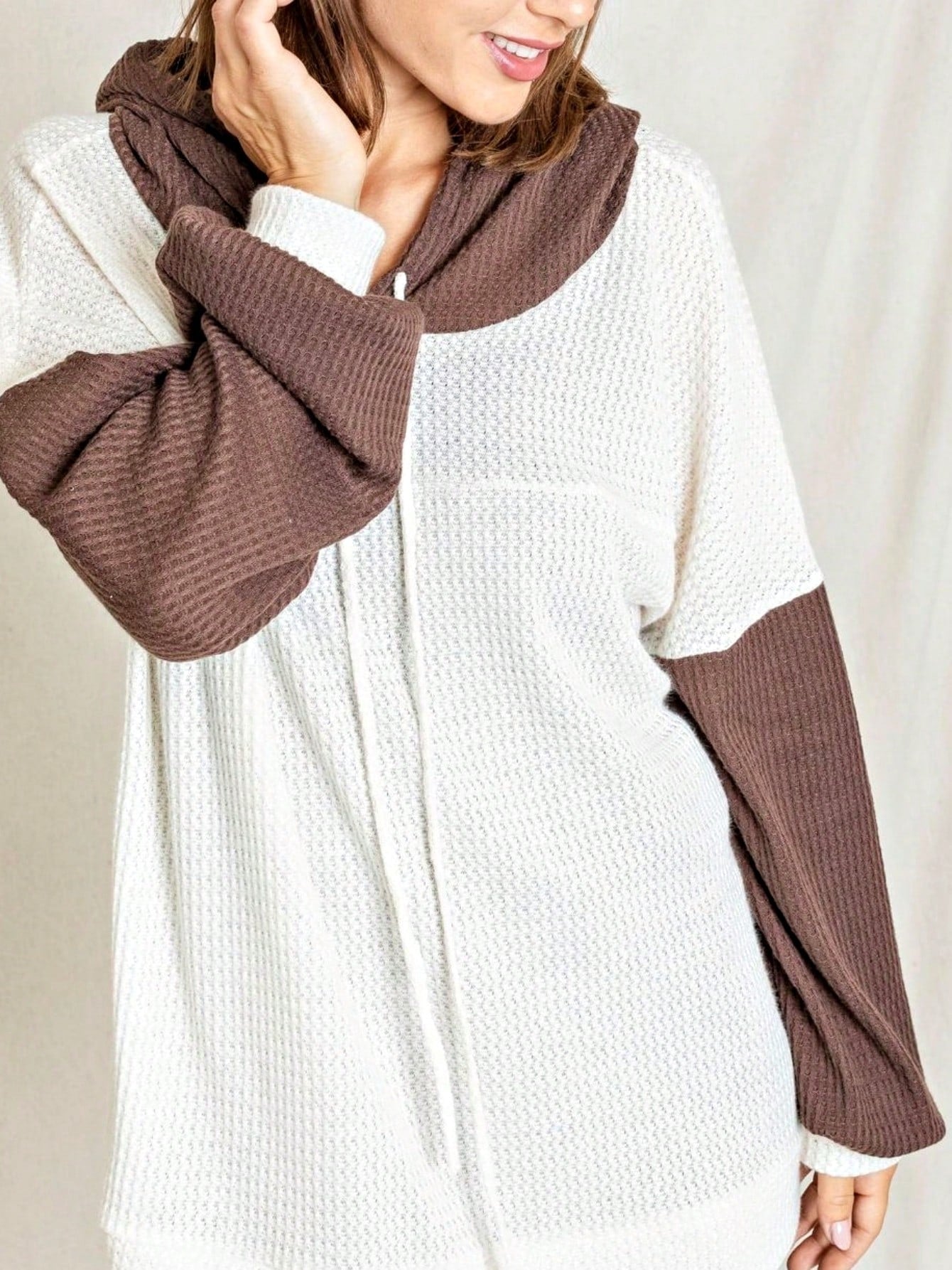 Solid Pastel 3/4 Sleeve Drop Shoulder Waffle Knit Tunic Top Band Hem Shirt
