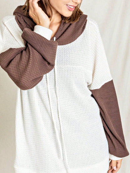 Solid Pastel 3/4 Sleeve Drop Shoulder Waffle Knit Tunic Top Band Hem Shirt