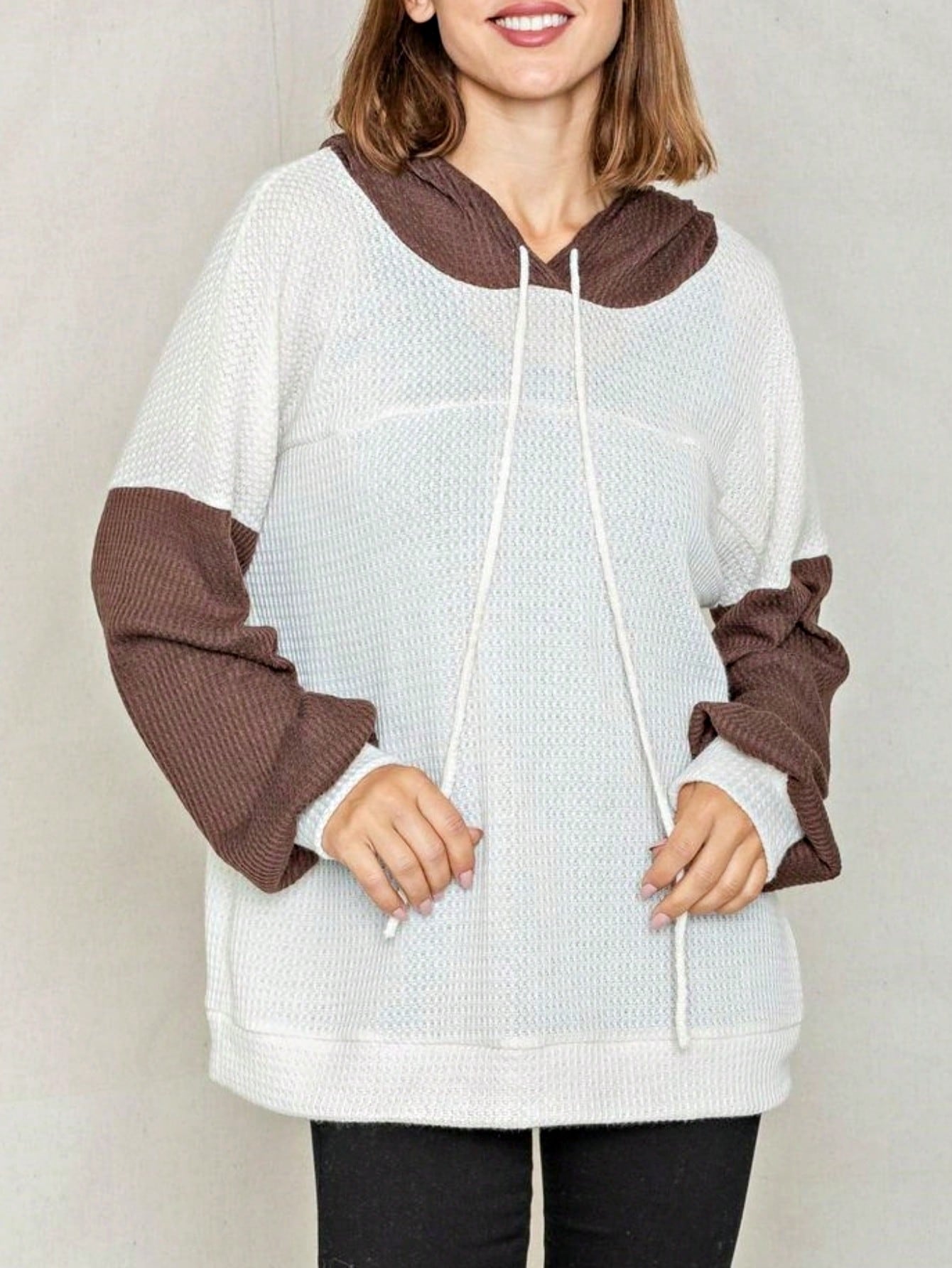 Solid Pastel 3/4 Sleeve Drop Shoulder Waffle Knit Tunic Top Band Hem Shirt