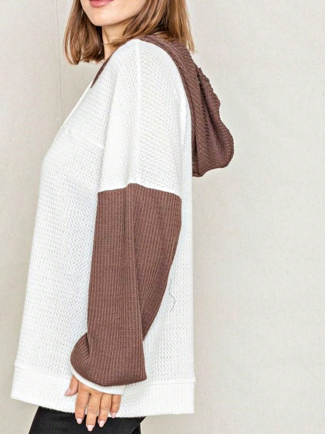 Solid Pastel 3/4 Sleeve Drop Shoulder Waffle Knit Tunic Top Band Hem Shirt
