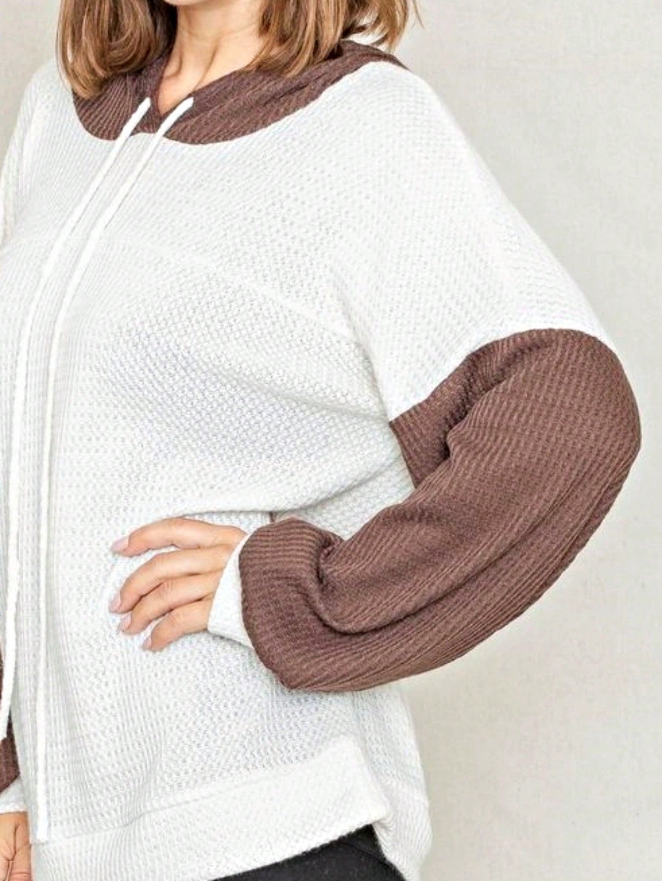 Solid Pastel 3/4 Sleeve Drop Shoulder Waffle Knit Tunic Top Band Hem Shirt