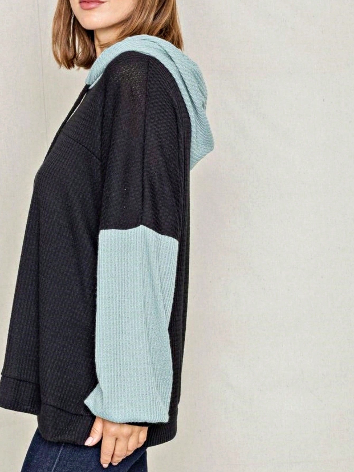 Solid Pastel 3/4 Sleeve Drop Shoulder Waffle Knit Tunic Top Band Hem Shirt