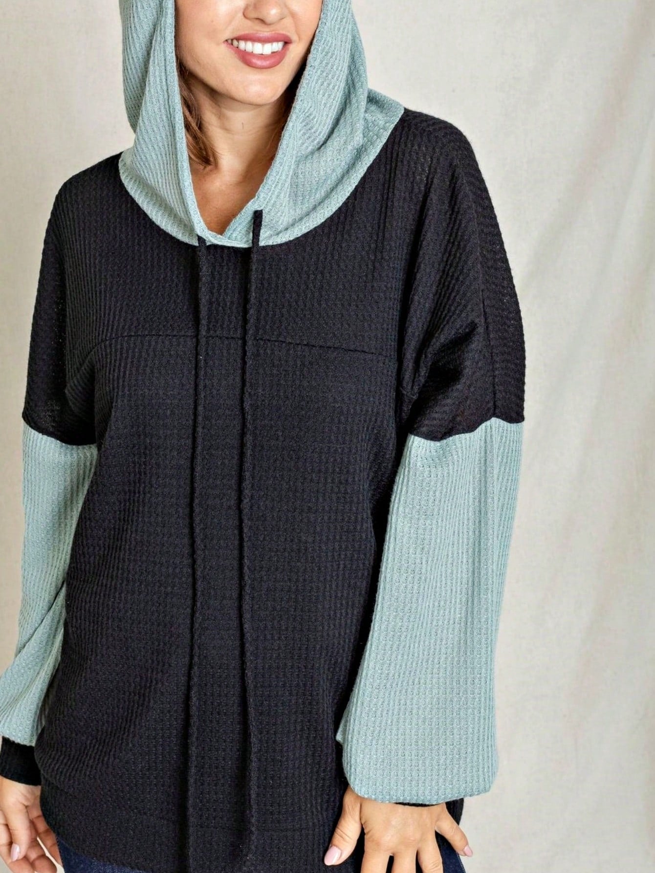 Solid Pastel 3/4 Sleeve Drop Shoulder Waffle Knit Tunic Top Band Hem Shirt