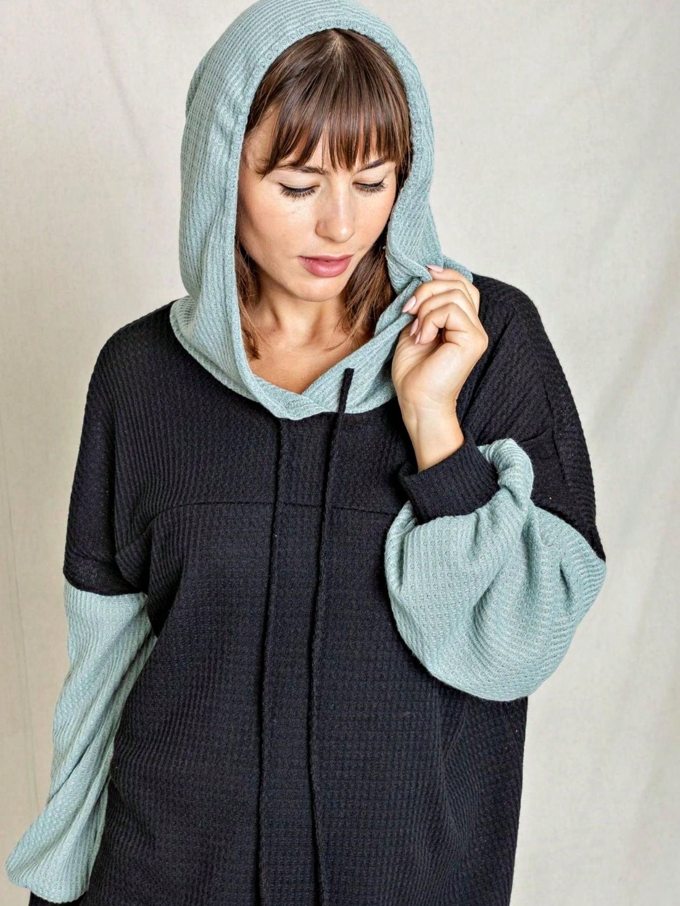 Solid Pastel 3/4 Sleeve Drop Shoulder Waffle Knit Tunic Top Band Hem Shirt