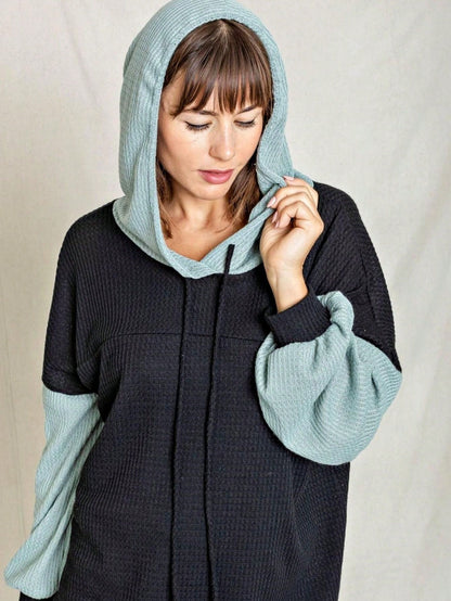 Solid Pastel 3/4 Sleeve Drop Shoulder Waffle Knit Tunic Top Band Hem Shirt