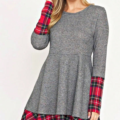 Boho Retro 90's Vintage Preppy Aline Baby Doll Checkered Cotton Top Blouse Cozy Plaid Fall Winter Tunic