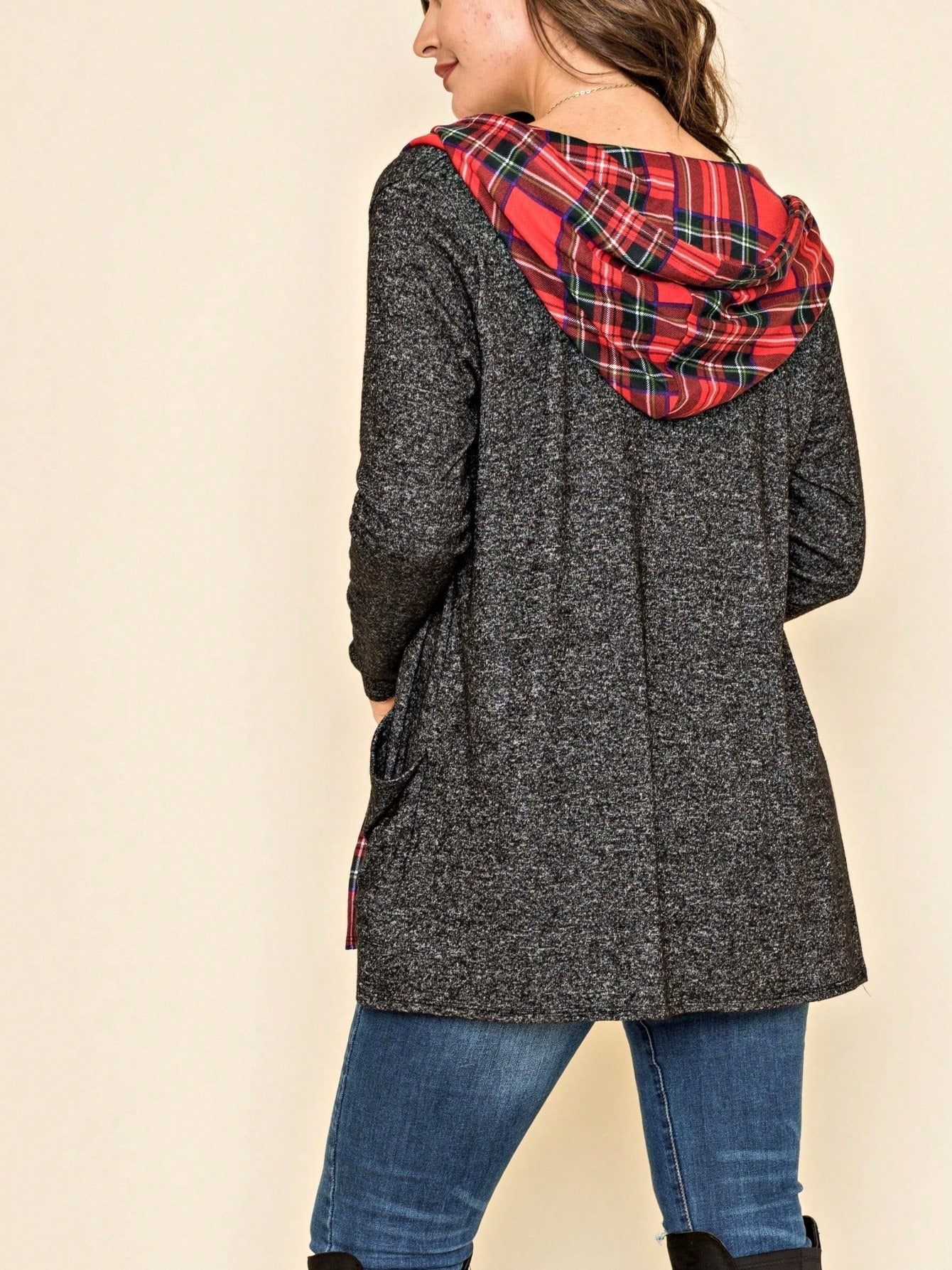 Boho Vintage 90's  Solid Brushed Knit Classic Tiered Hooded Zip Up Flared Cardigan Jacket