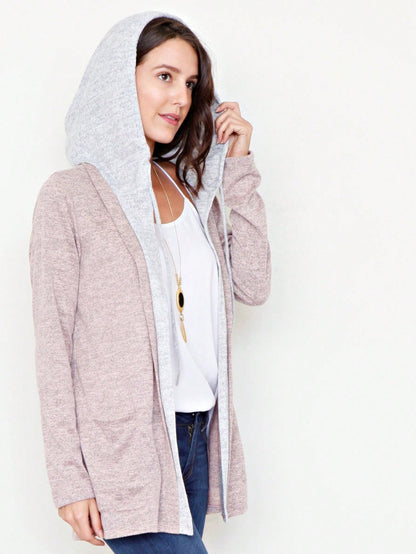 Boho Vintage 90's  Solid Brushed Knit Classic Tiered Hooded Zip Up Flared Cardigan Jacket