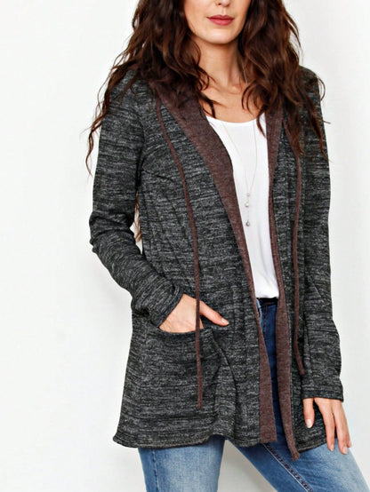 Boho Vintage 90's  Solid Brushed Knit Classic Tiered Hooded Zip Up Flared Cardigan Jacket