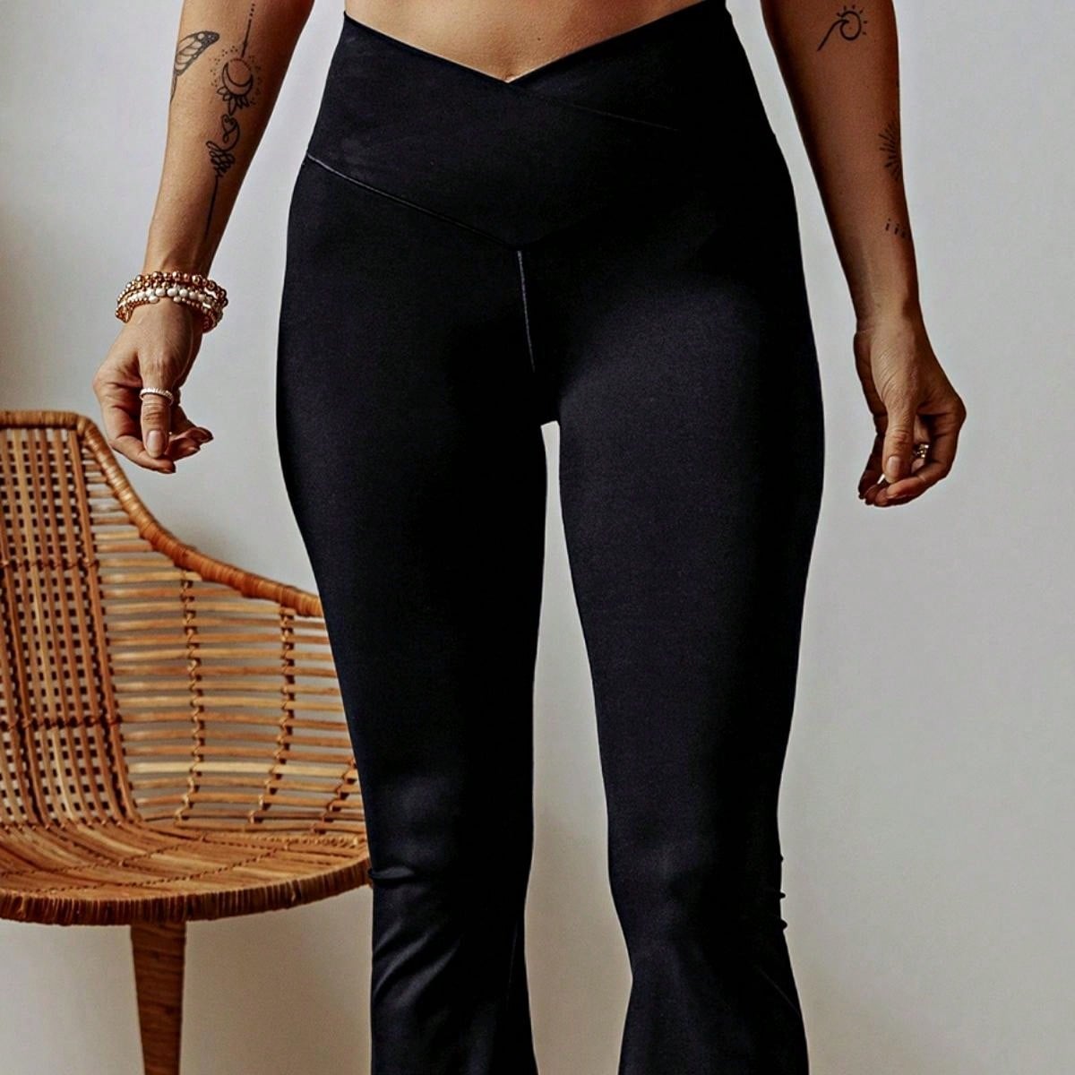 Boho Retro 90's Solid Black  Charcoal Viscose Shape High Waist Flared Leggings Pants