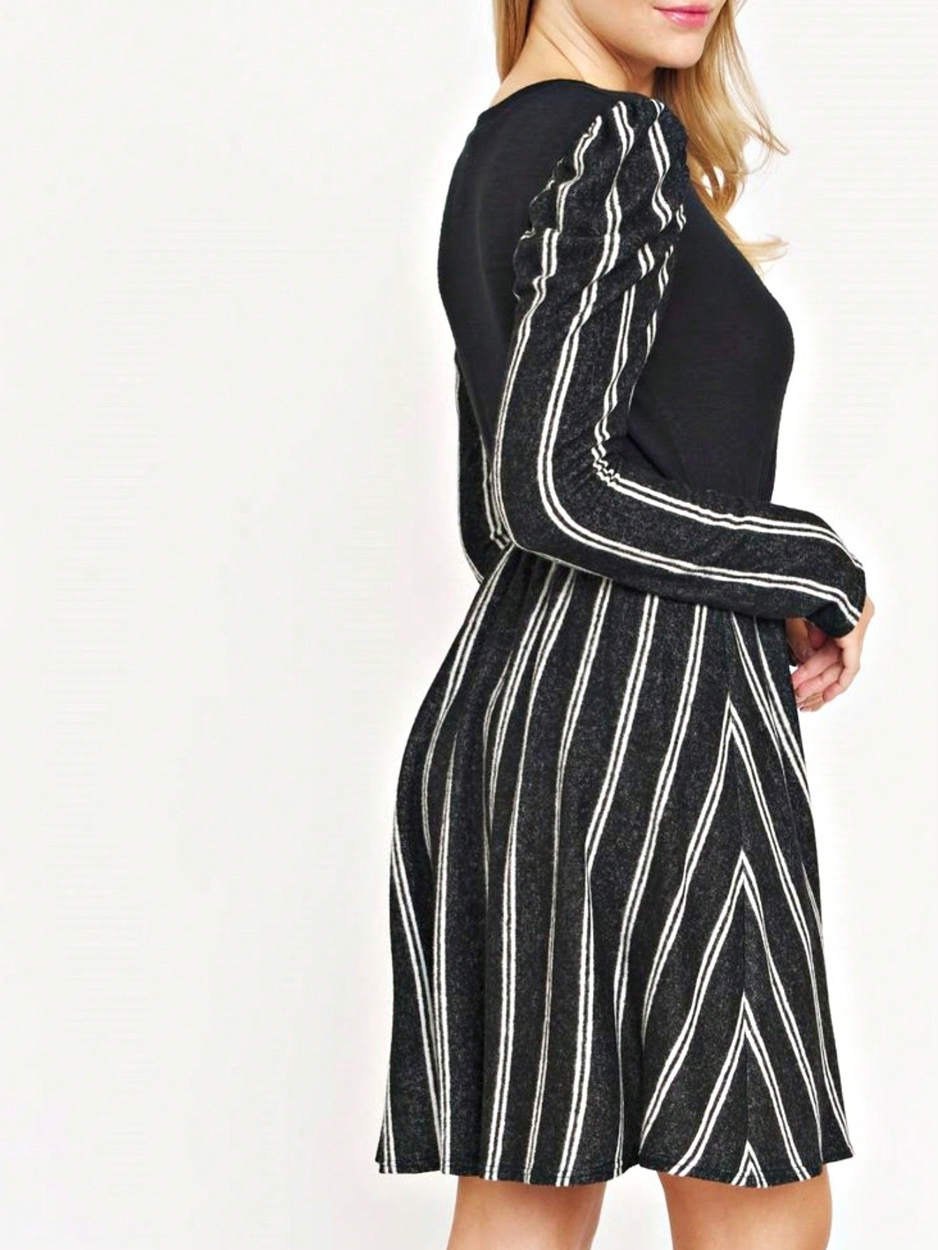 Boho Retro Light Blue Stripe Floral Aline Swing  Dress With Chest Pocket