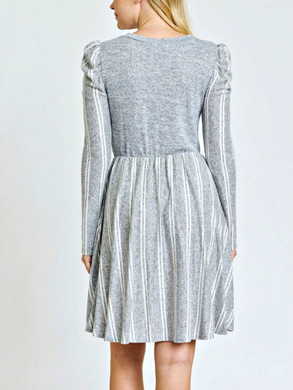 Boho Retro Light Blue Stripe Floral Aline Swing  Dress With Chest Pocket