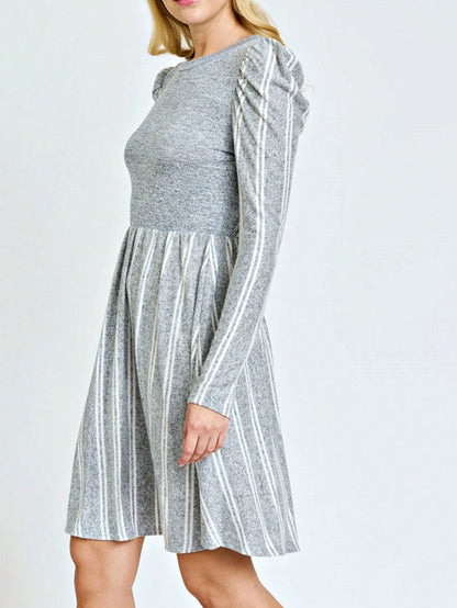 Boho Retro Light Blue Stripe Floral Aline Swing  Dress With Chest Pocket