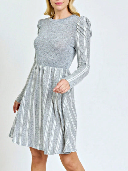Boho Retro Light Blue Stripe Floral Aline Swing  Dress With Chest Pocket