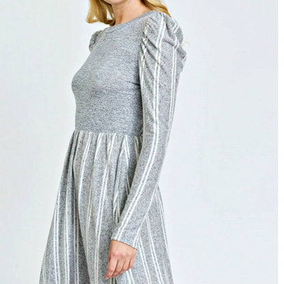 Boho Retro Light Blue Stripe Floral Aline Swing  Dress With Chest Pocket