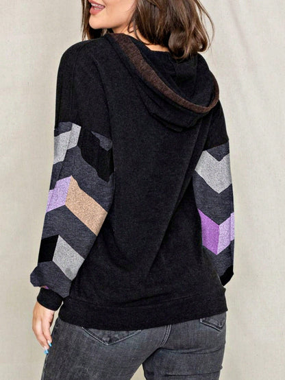 Women's Stylish Long Sleeve Knitted Fabric Top With Plaid Contrast Panel And Drawstring Detail Casual Regular Length Blouse