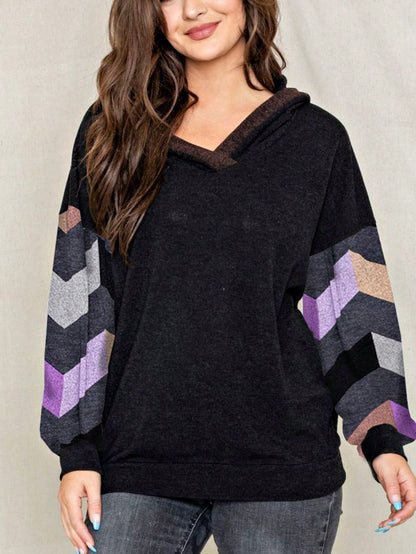 Women's Stylish Long Sleeve Knitted Fabric Top With Plaid Contrast Panel And Drawstring Detail Casual Regular Length Blouse