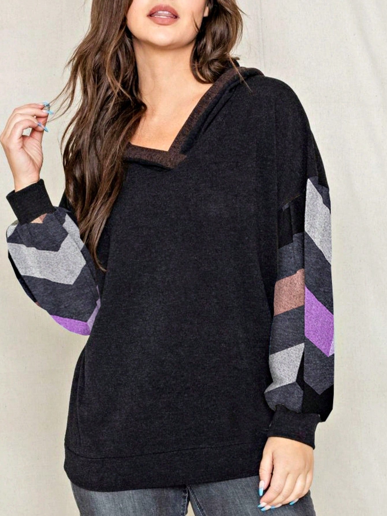 Women's Stylish Long Sleeve Knitted Fabric Top With Plaid Contrast Panel And Drawstring Detail Casual Regular Length Blouse