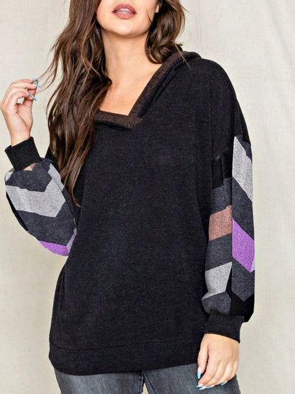 Women's Stylish Long Sleeve Knitted Fabric Top With Plaid Contrast Panel And Drawstring Detail Casual Regular Length Blouse