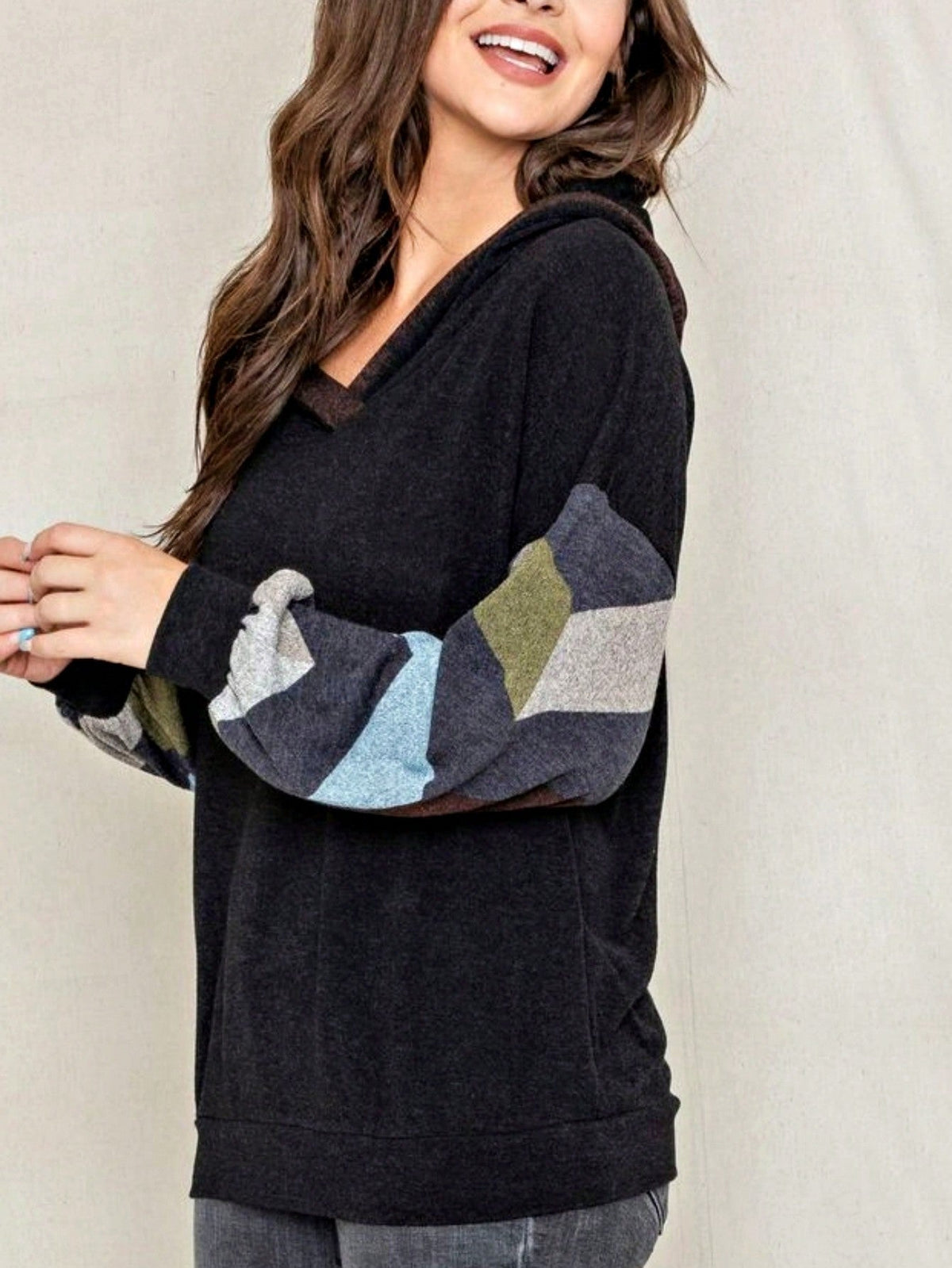 Women's Stylish Long Sleeve Knitted Fabric Top With Plaid Contrast Panel And Drawstring Detail Casual Regular Length Blouse