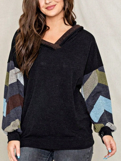 Women's Stylish Long Sleeve Knitted Fabric Top With Plaid Contrast Panel And Drawstring Detail Casual Regular Length Blouse