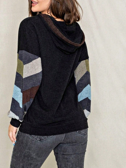 Women's Stylish Long Sleeve Knitted Fabric Top With Plaid Contrast Panel And Drawstring Detail Casual Regular Length Blouse
