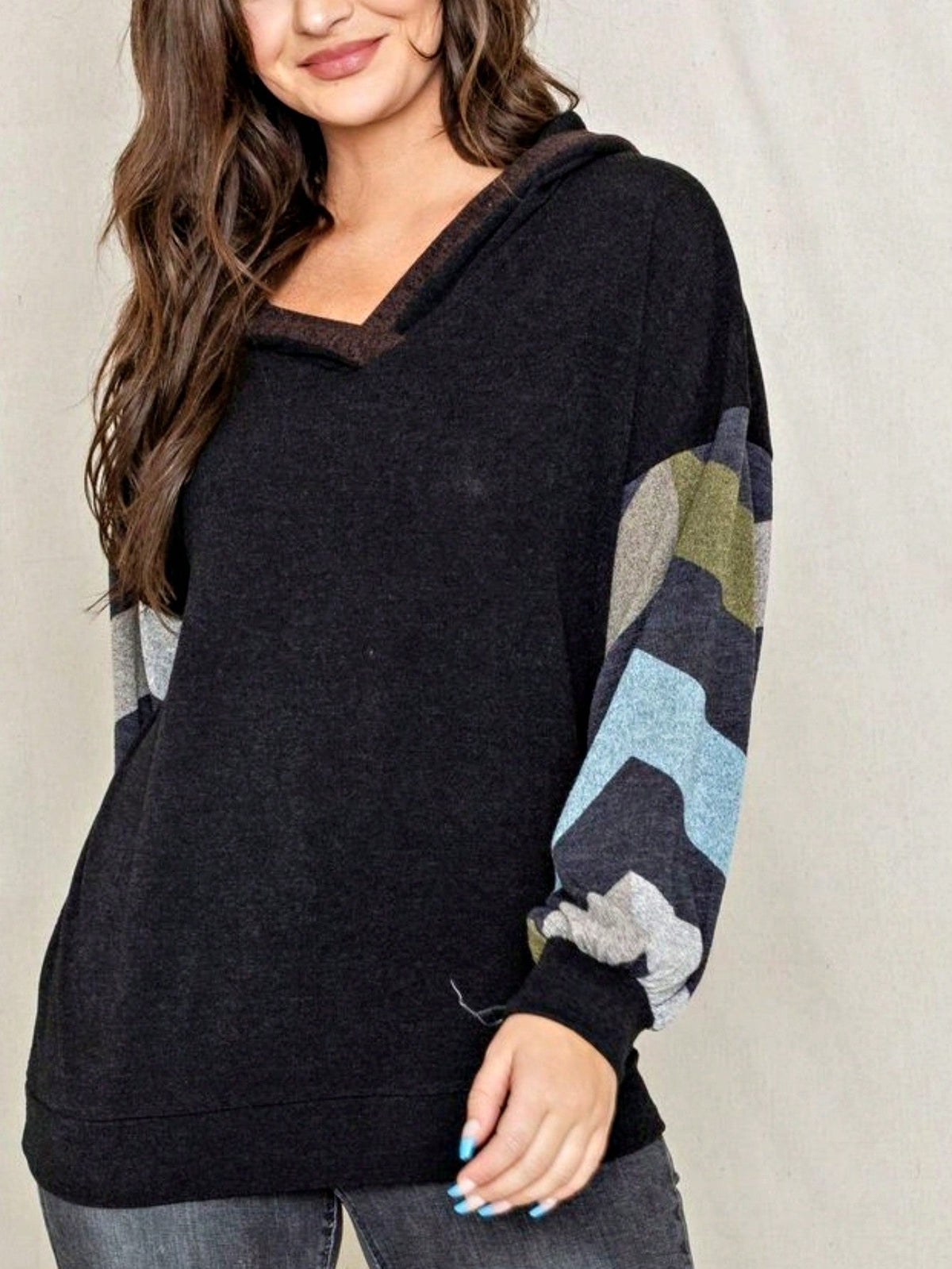 Women's Stylish Long Sleeve Knitted Fabric Top With Plaid Contrast Panel And Drawstring Detail Casual Regular Length Blouse
