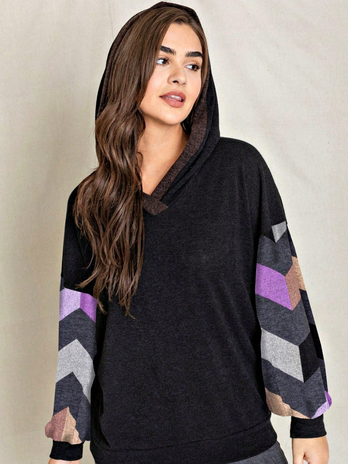 Women's Stylish Long Sleeve Knitted Fabric Top With Plaid Contrast Panel And Drawstring Detail Casual Regular Length Blouse