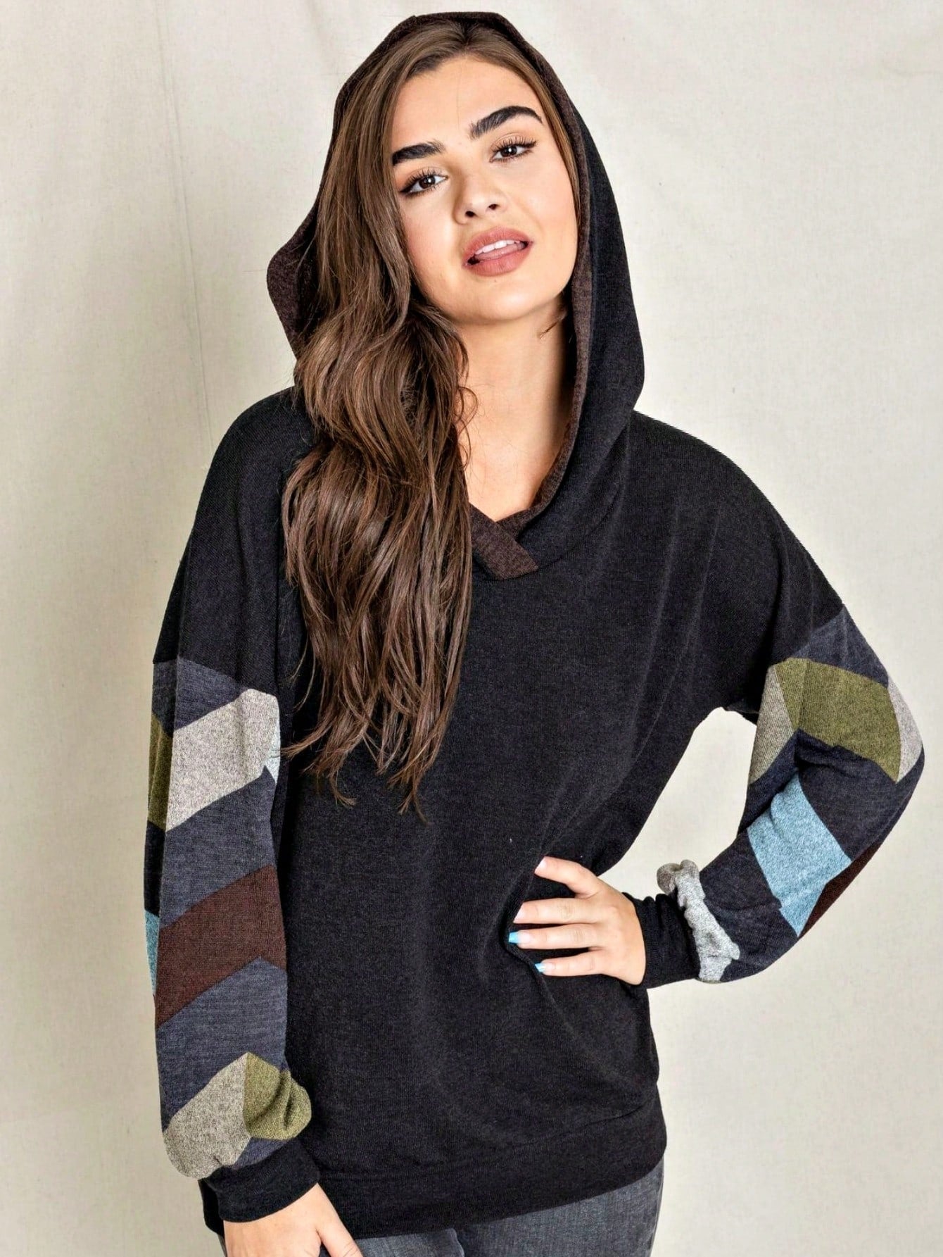 Women's Stylish Long Sleeve Knitted Fabric Top With Plaid Contrast Panel And Drawstring Detail Casual Regular Length Blouse