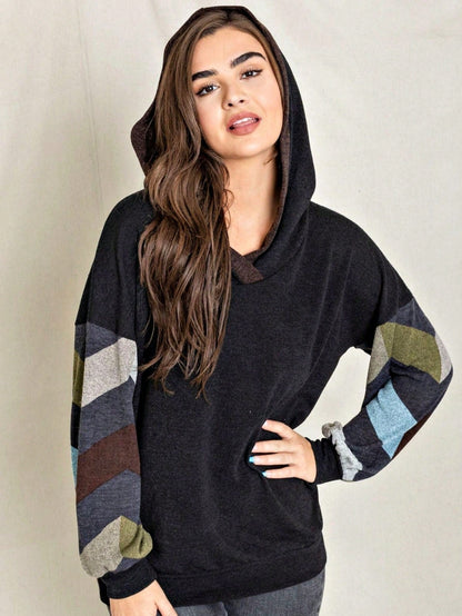 Women's Stylish Long Sleeve Knitted Fabric Top With Plaid Contrast Panel And Drawstring Detail Casual Regular Length Blouse