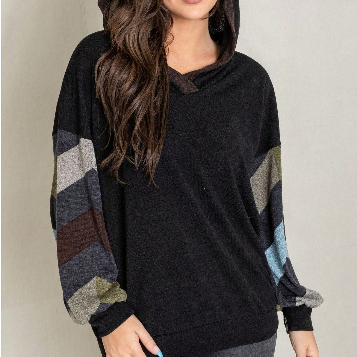 Women's Stylish Long Sleeve Knitted Fabric Top With Plaid Contrast Panel And Drawstring Detail Casual Regular Length Blouse