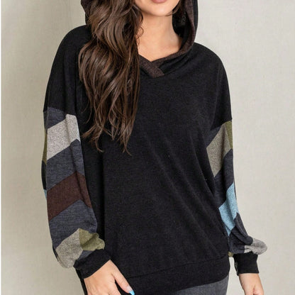 Women's Stylish Long Sleeve Knitted Fabric Top With Plaid Contrast Panel And Drawstring Detail Casual Regular Length Blouse